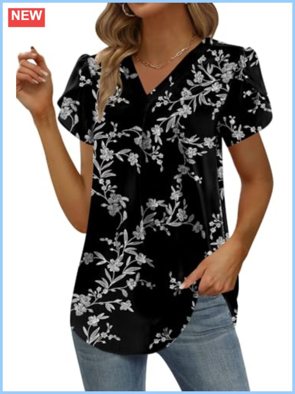 Chiffon Tunic Blouse V-Neck Ruffle Short Sleeve Loose Fit Casual Top